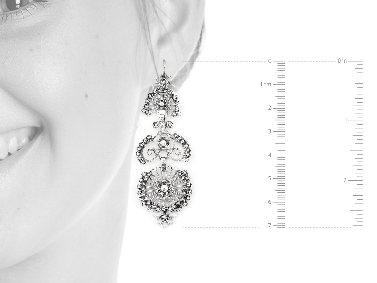 Brincos Laças Compridas, Filigrana Portuguesa, Prata de Lei 925 - Medidas