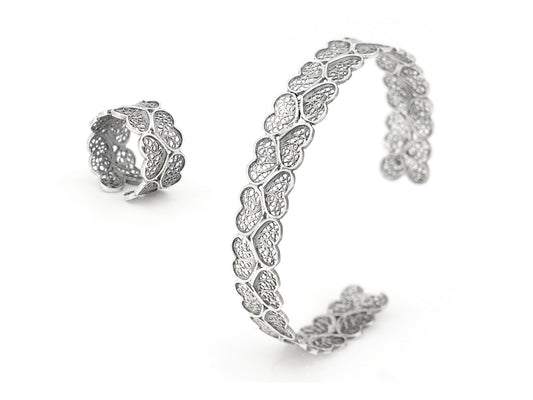 Conjunto Anel e Escrava Corações Pequenos, Filigrana Portuguesa, Prata de Lei 925