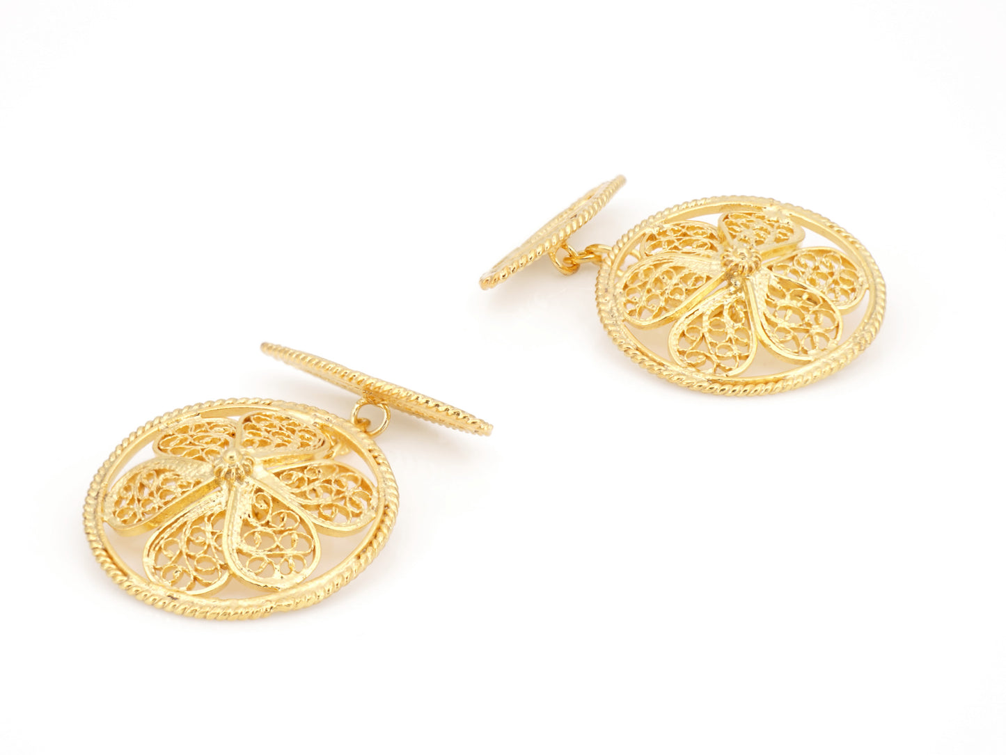 Botões de Punho Redondos Herança, Filigrana Portuguesa, Prata de Lei 925 Dourada - Perspectiva