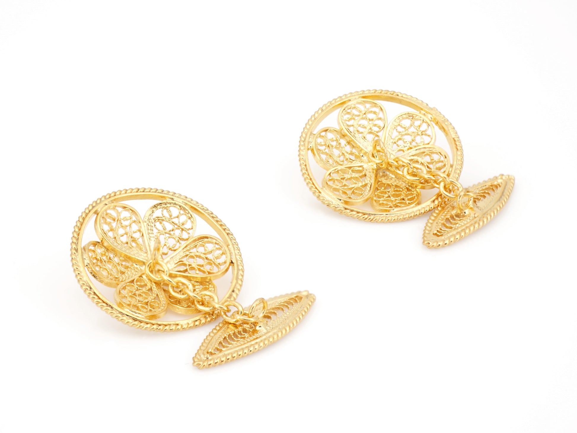 Botões de Punho Redondos Herança, Filigrana Portuguesa, Prata de Lei 925 Dourada - Perspectiva, Vista de Trás