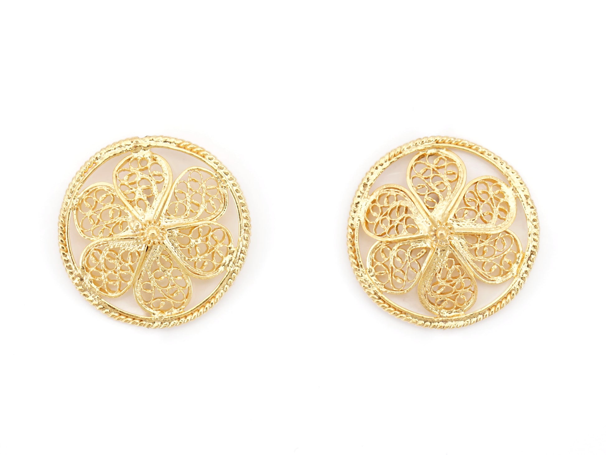 Botões de Punho Redondos Herança, Filigrana Portuguesa, Prata de Lei 925 Dourada - Vista de Frente