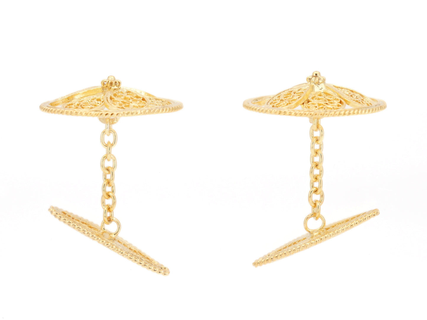 Botões de Punho Redondos Herança, Filigrana Portuguesa, Prata de Lei 925 Dourada - Vista de Lado