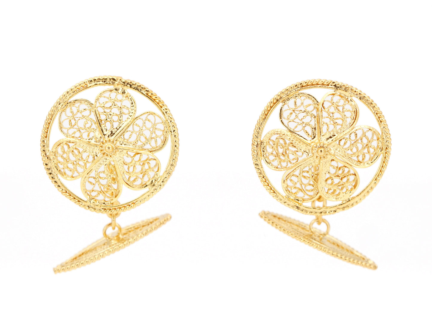 Botões de Punho Redondos Herança, Filigrana Portuguesa, Prata de Lei 925 Dourada - Vista de Frente