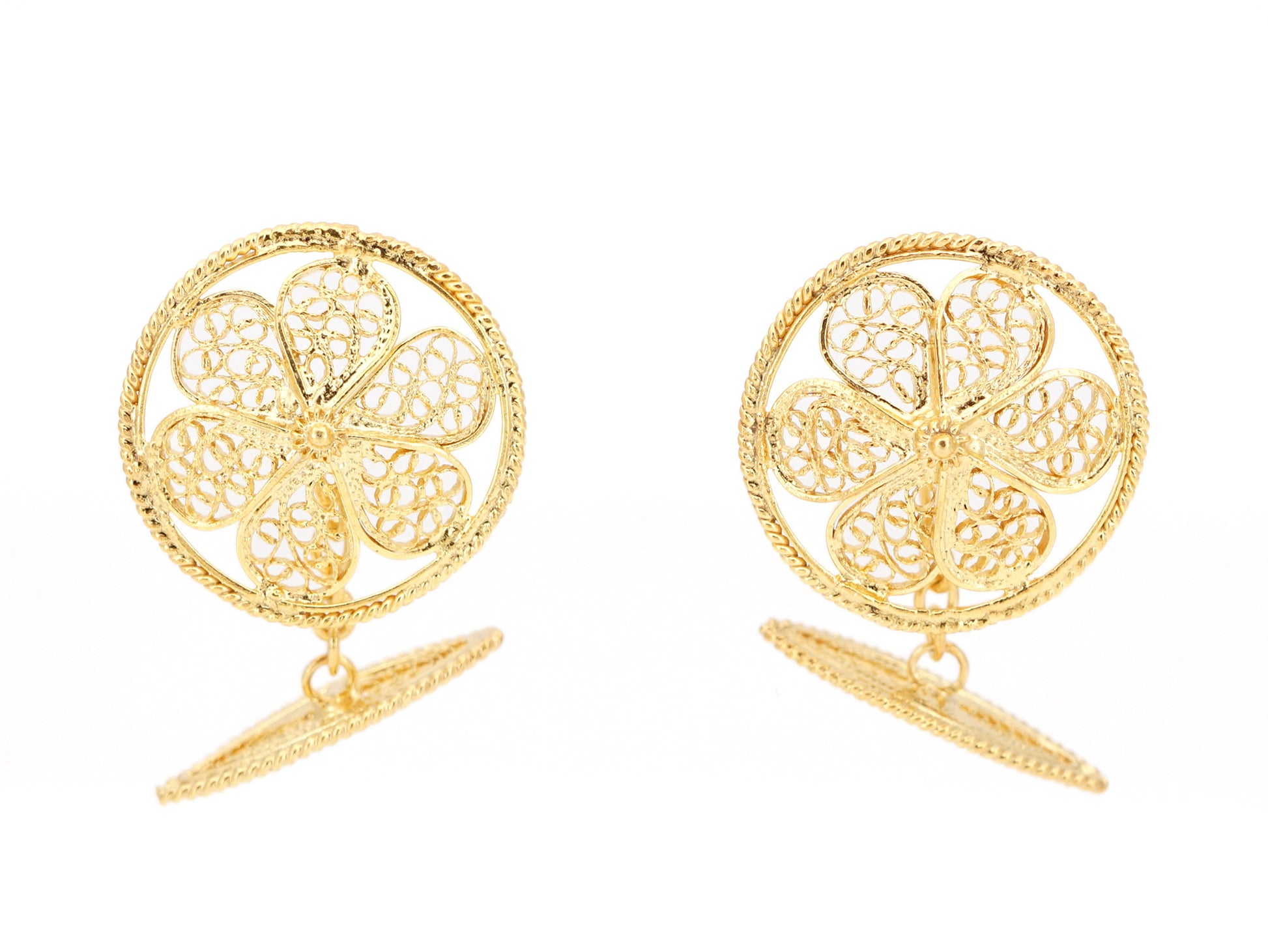 Botões de Punho Redondos Herança, Filigrana Portuguesa, Prata de Lei 925 Dourada - Vista de Frente