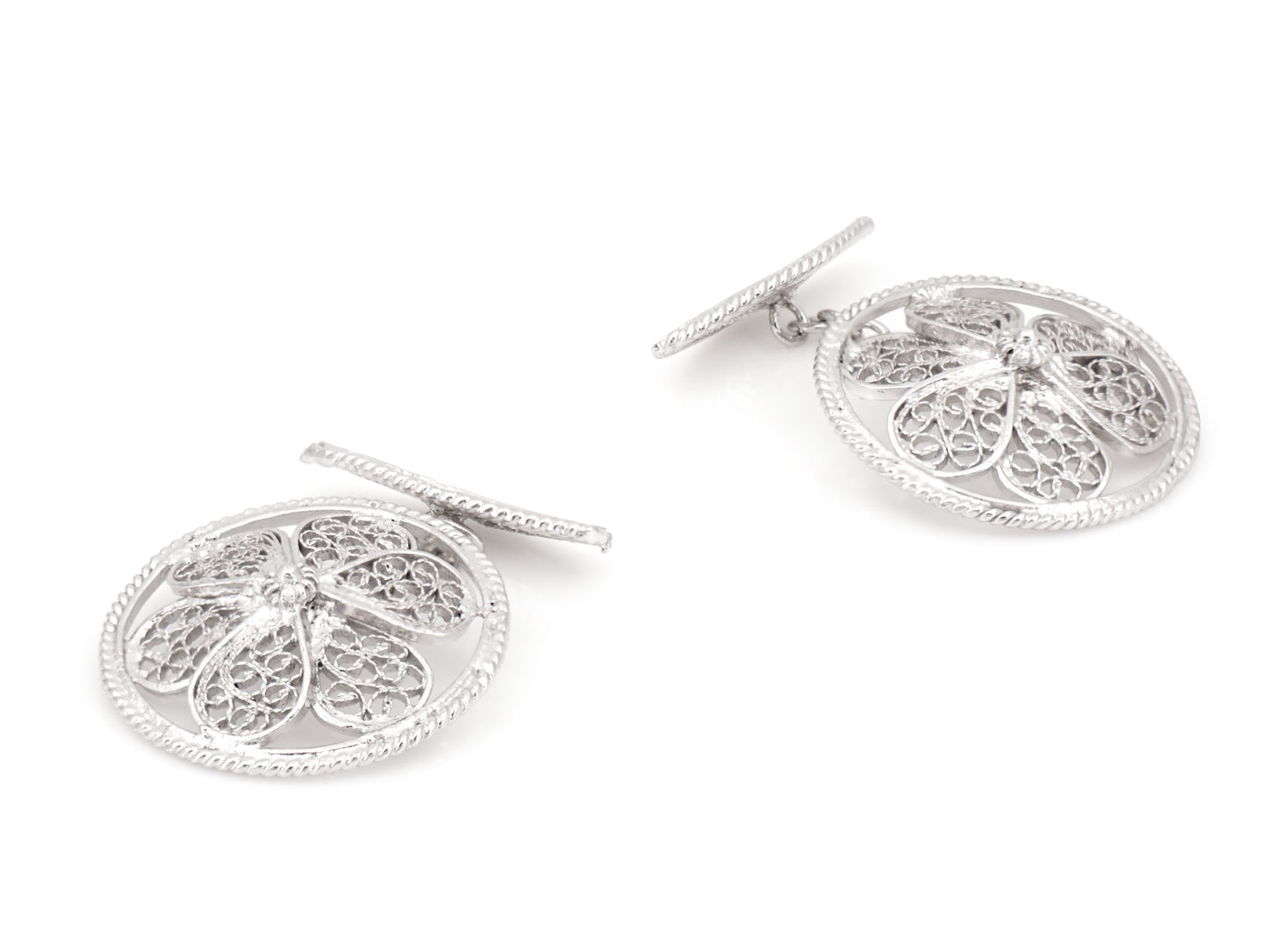 Botões de Punho Redondos Herança, Filigrana Portuguesa, Prata de Lei 925 - Perspectiva