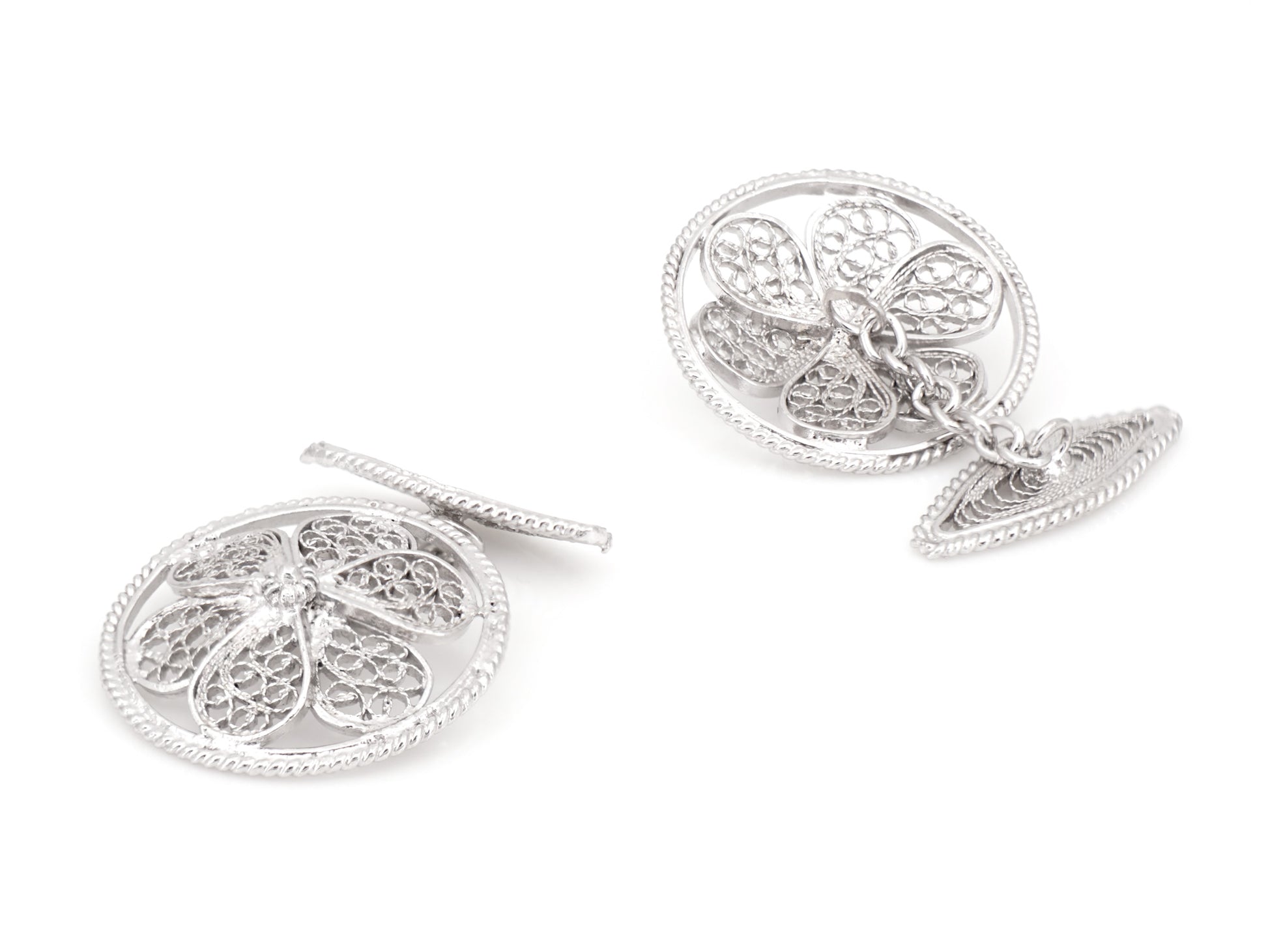 Botões de Punho Redondos Herança, Filigrana Portuguesa, Prata de Lei 925 - Perspectiva, Vista de Frente e Vista de Trás