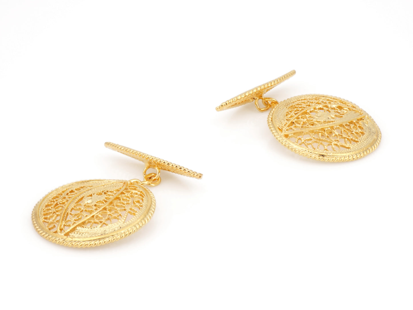 Botões de Punho Redondos com Pevide, Filigrana Portuguesa, Prata de Lei 925 Dourada - Perspectiva