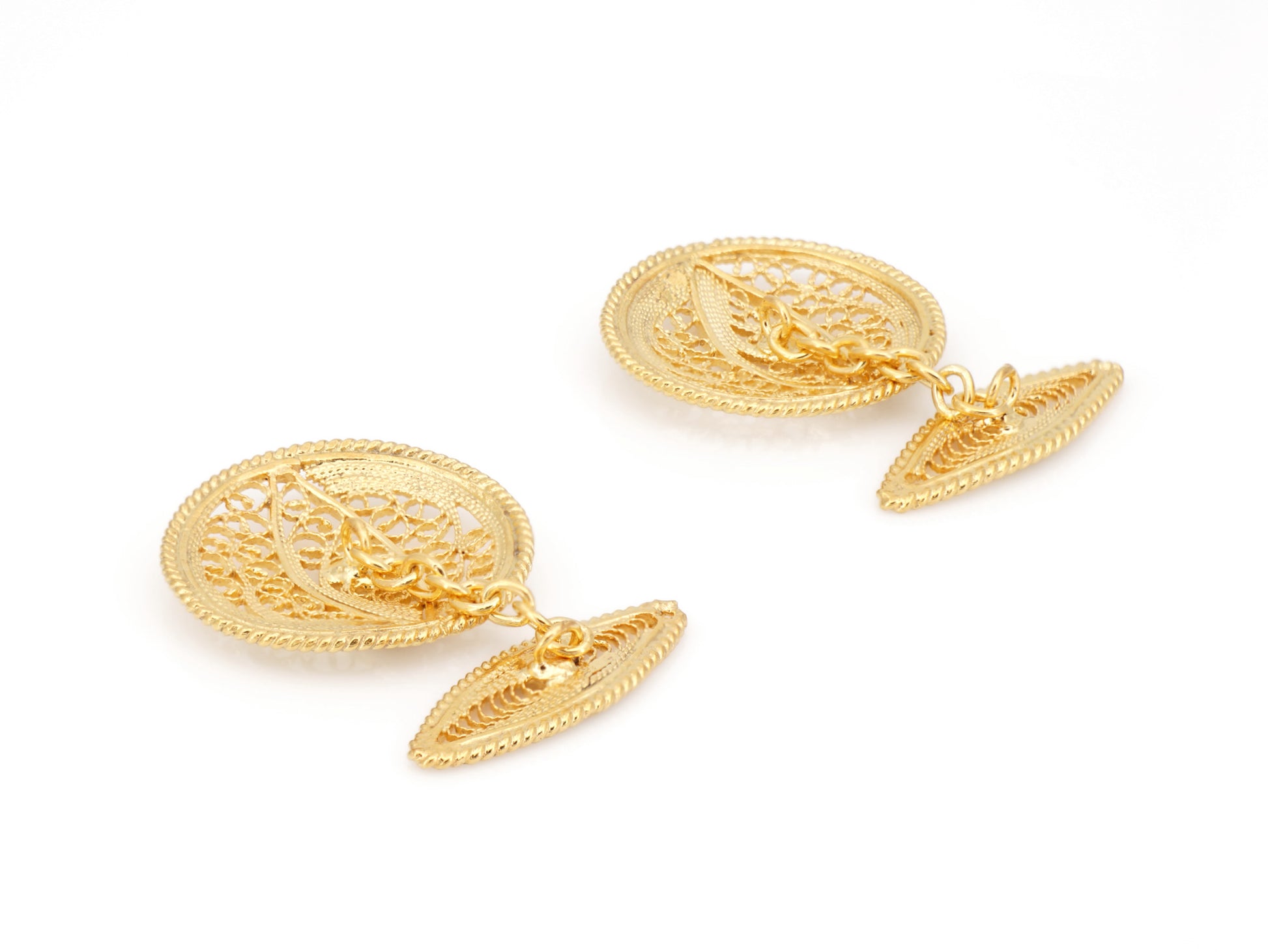 Botões de Punho Redondos com Pevide, Filigrana Portuguesa, Prata de Lei 925 Dourada - Perspectiva, Vista de Trás