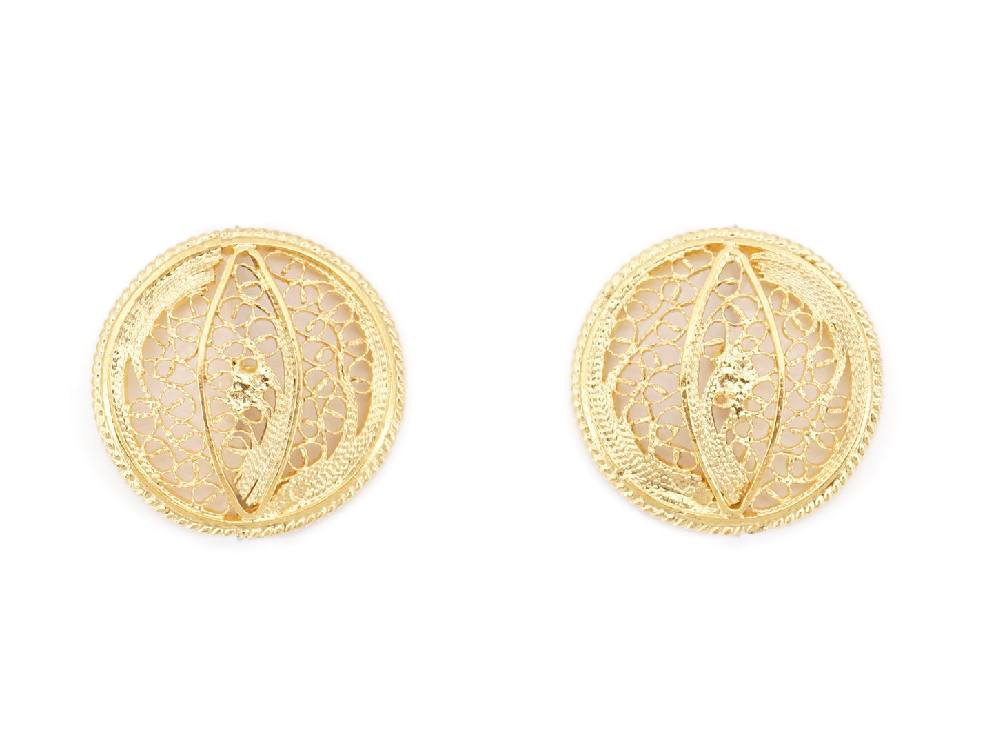 Botões de Punho Redondos com Pevide, Filigrana Portuguesa, Prata de Lei 925 Dourada - Vista de Frente