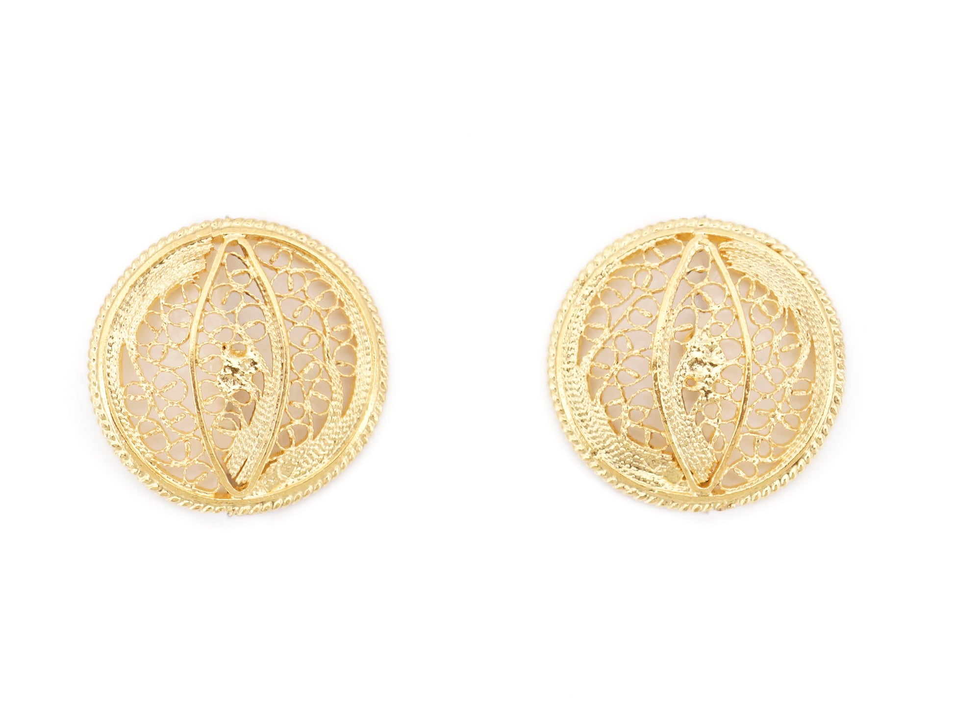 Botões de Punho Redondos com Pevide, Filigrana Portuguesa, Prata de Lei 925 Dourada - Vista de Frente