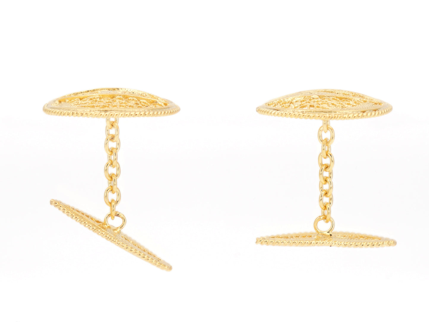 Botões de Punho Redondos com Pevide, Filigrana Portuguesa, Prata de Lei 925 Dourada - Vista de Lado