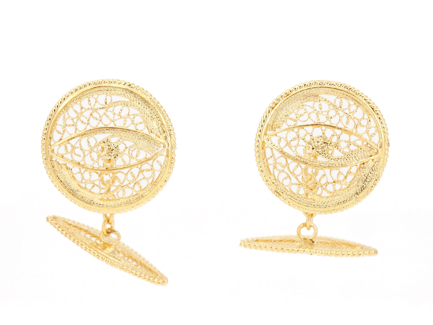 Botões de Punho Redondos com Pevide, Filigrana Portuguesa, Prata de Lei 925 Dourada - Vista de Frente