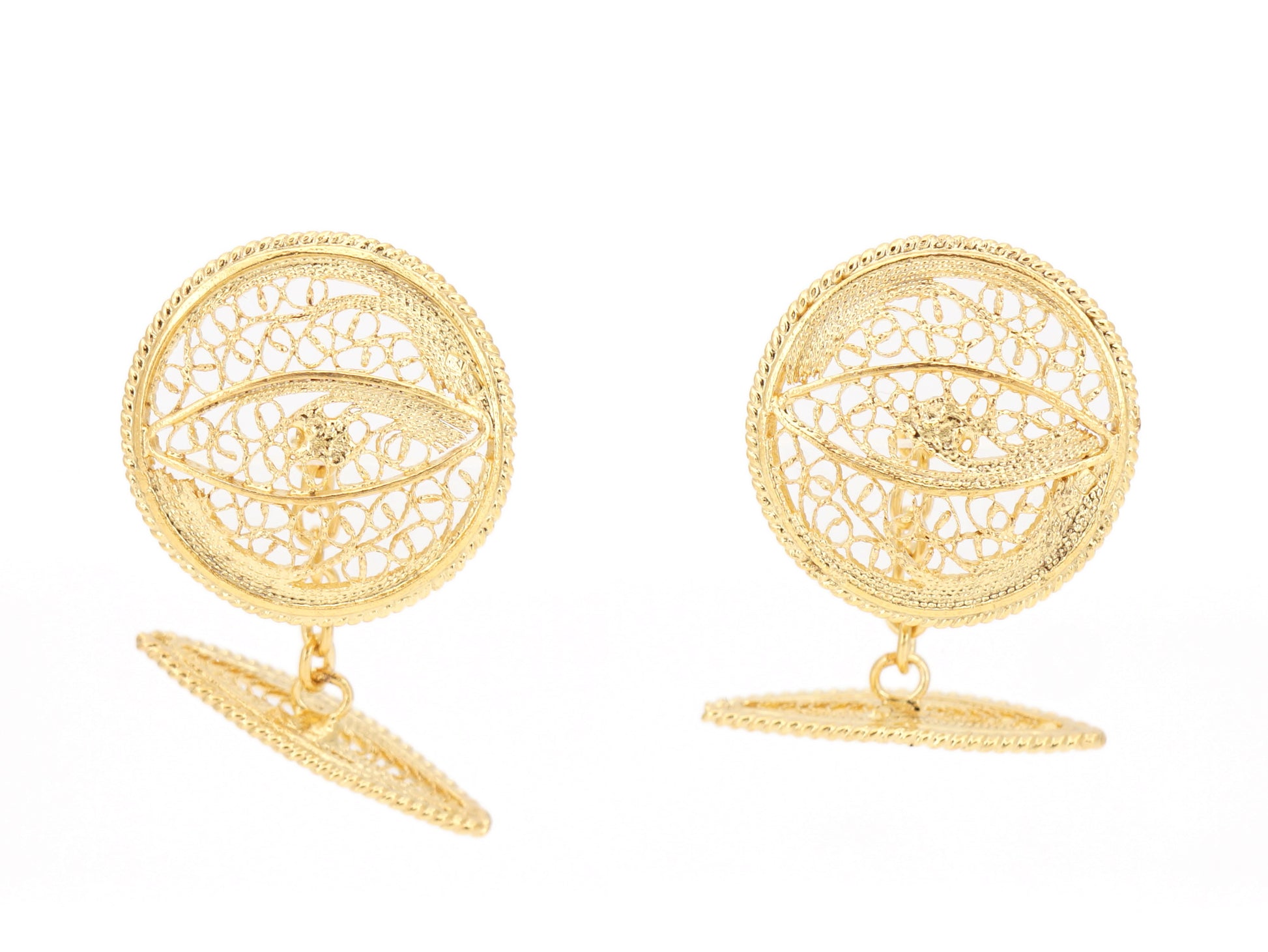 Botões de Punho Redondos com Pevide, Filigrana Portuguesa, Prata de Lei 925 Dourada - Vista de Frente