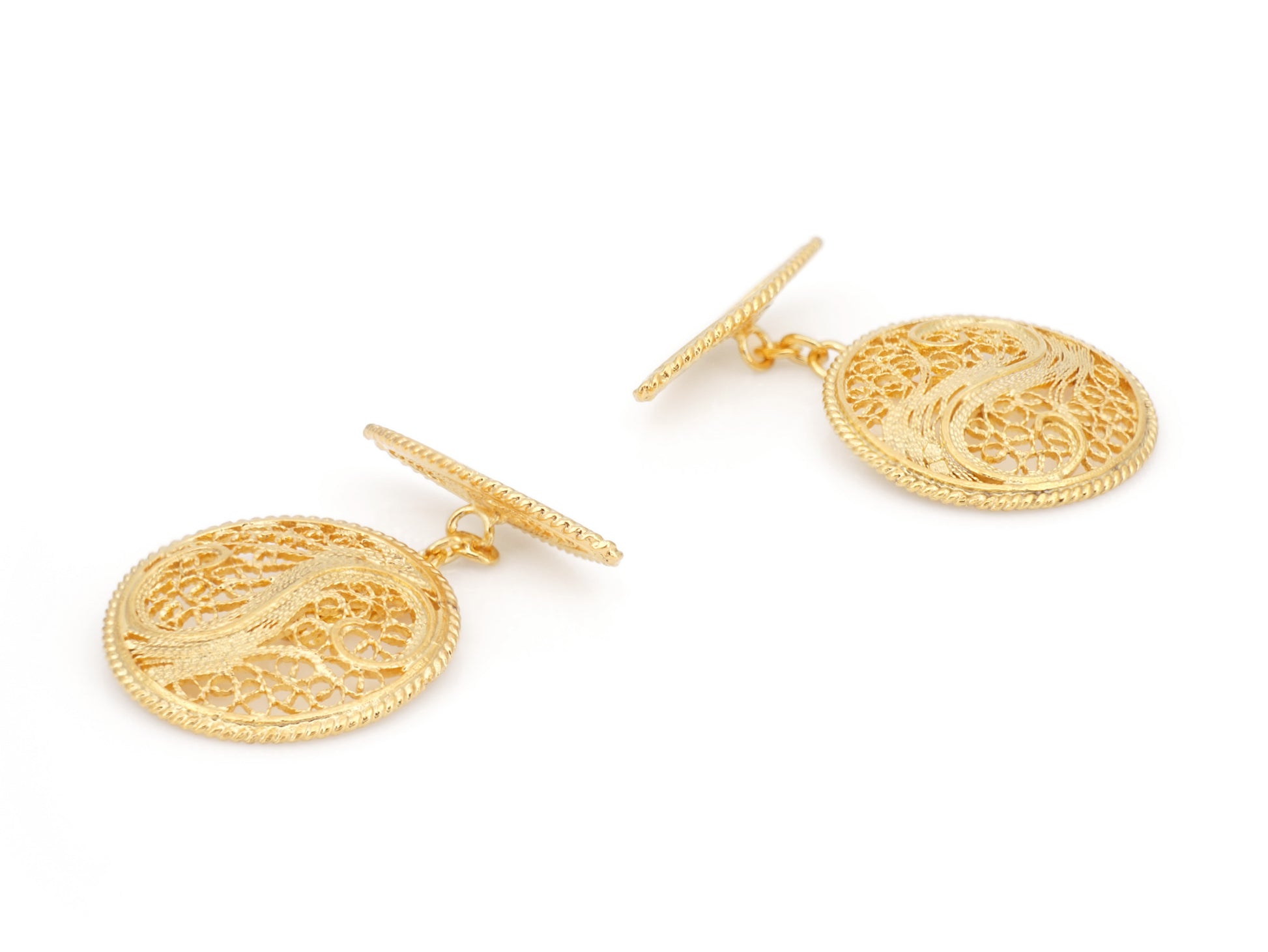 Botões de Punho Redondos com Onda, Filigrana Portuguesa, Prata de Lei 925 Dourada - Perspectiva