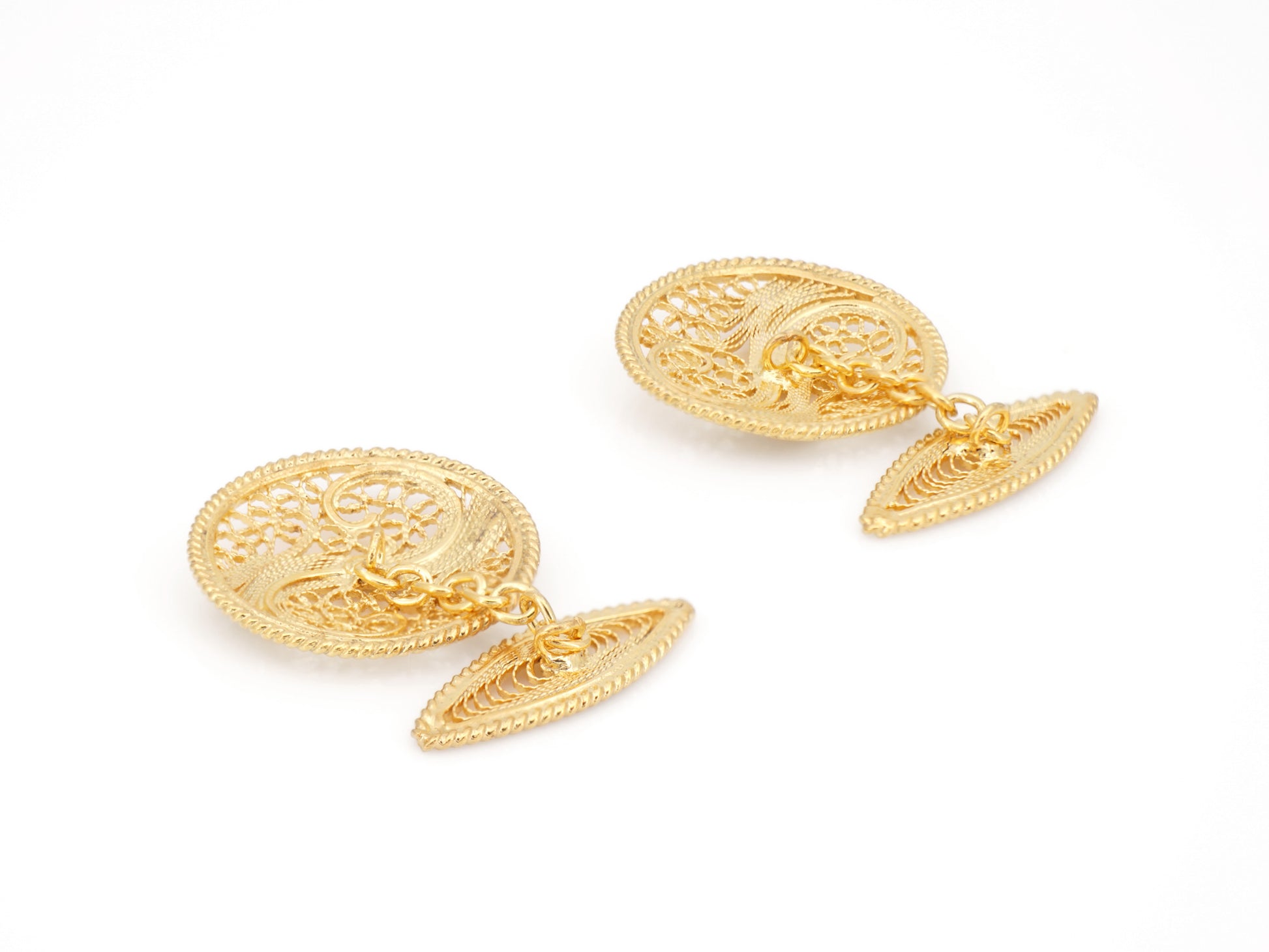 Botões de Punho Redondos com Onda, Filigrana Portuguesa, Prata de Lei 925 Dourada - Vista de Trás