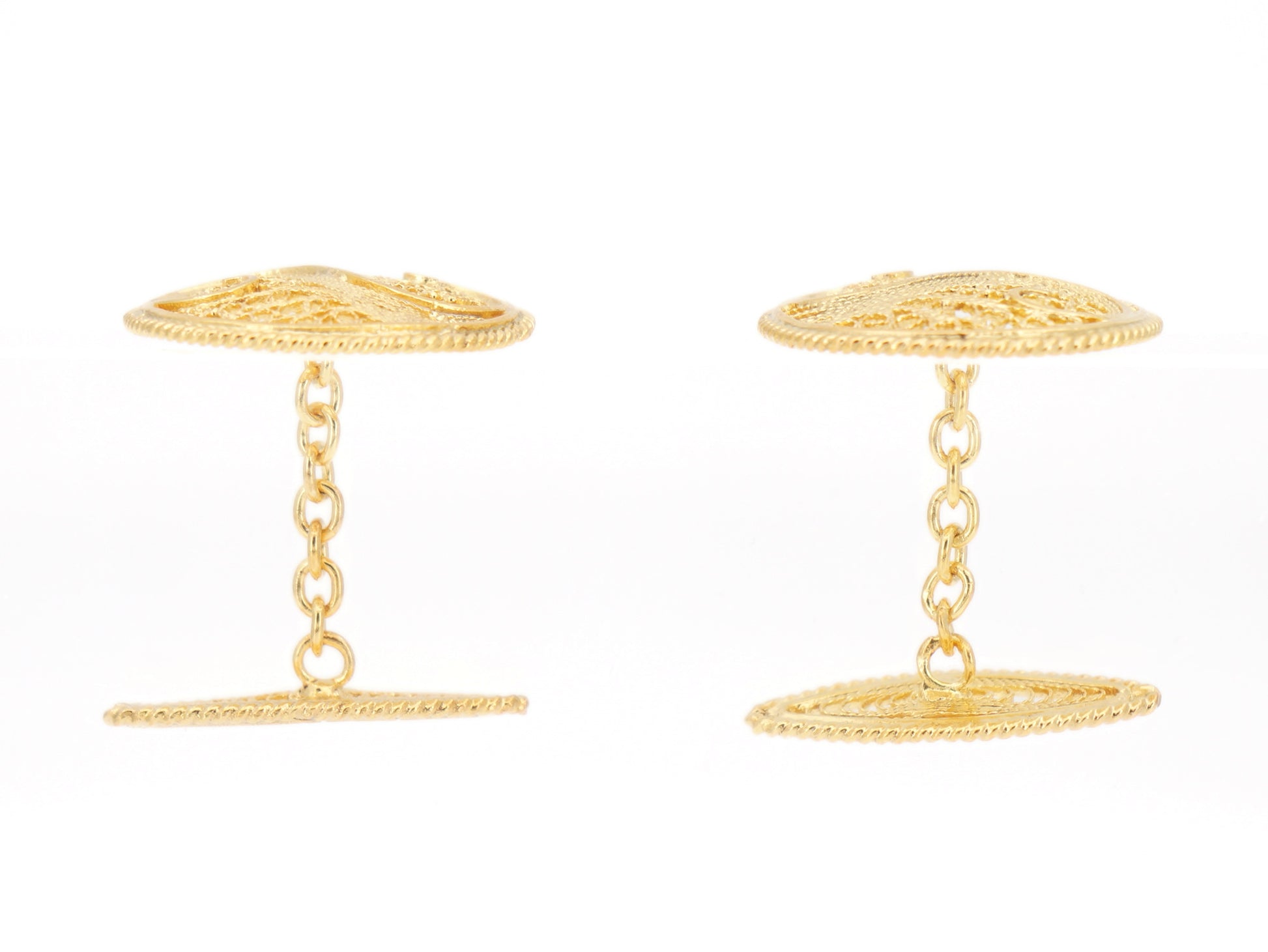 Botões de Punho Redondos com Onda, Filigrana Portuguesa, Prata de Lei 925 Dourada - Vista de Lado