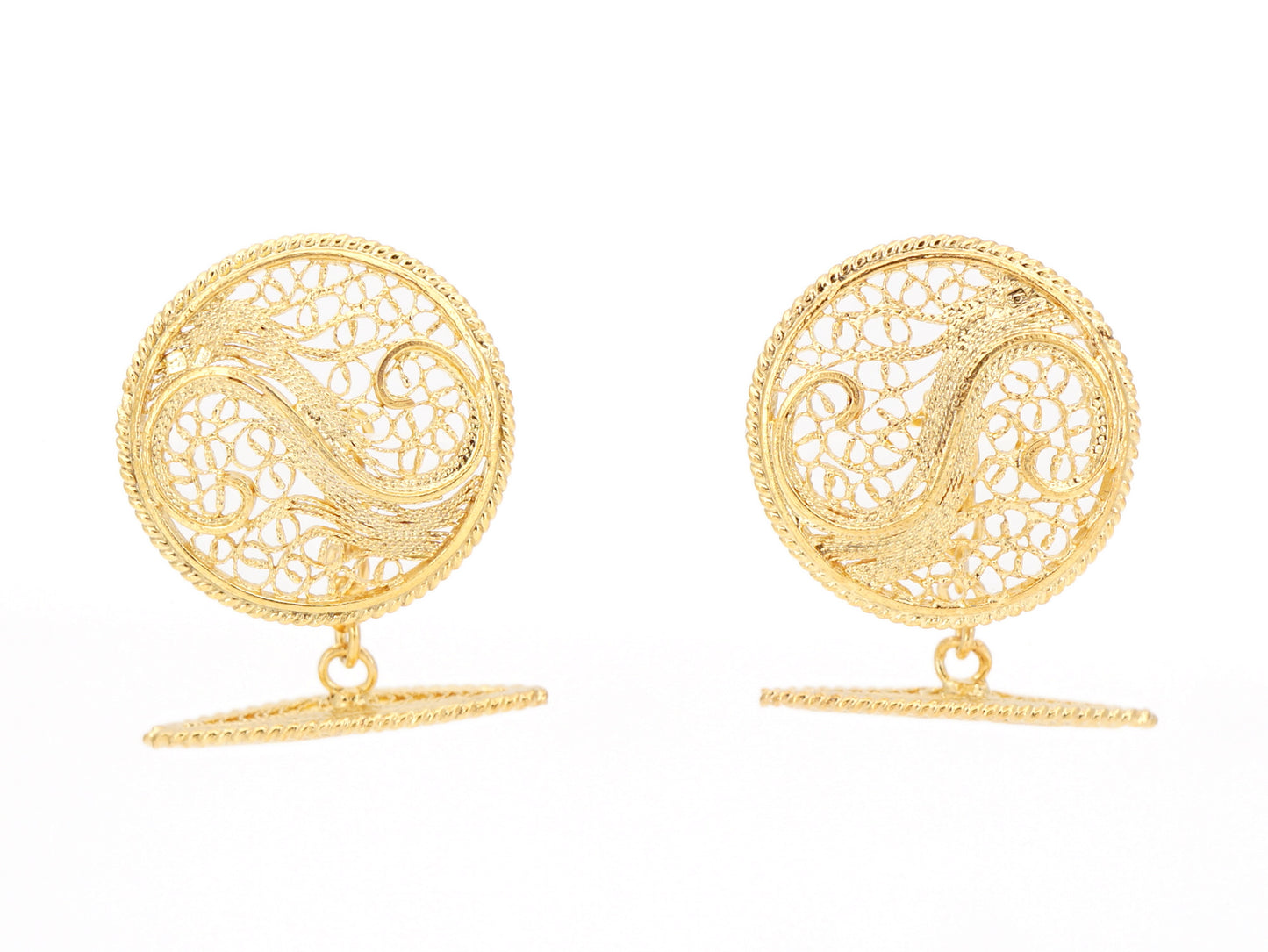 Botões de Punho Redondos com Onda, Filigrana Portuguesa, Prata de Lei 925 Dourada - Vista de Frente