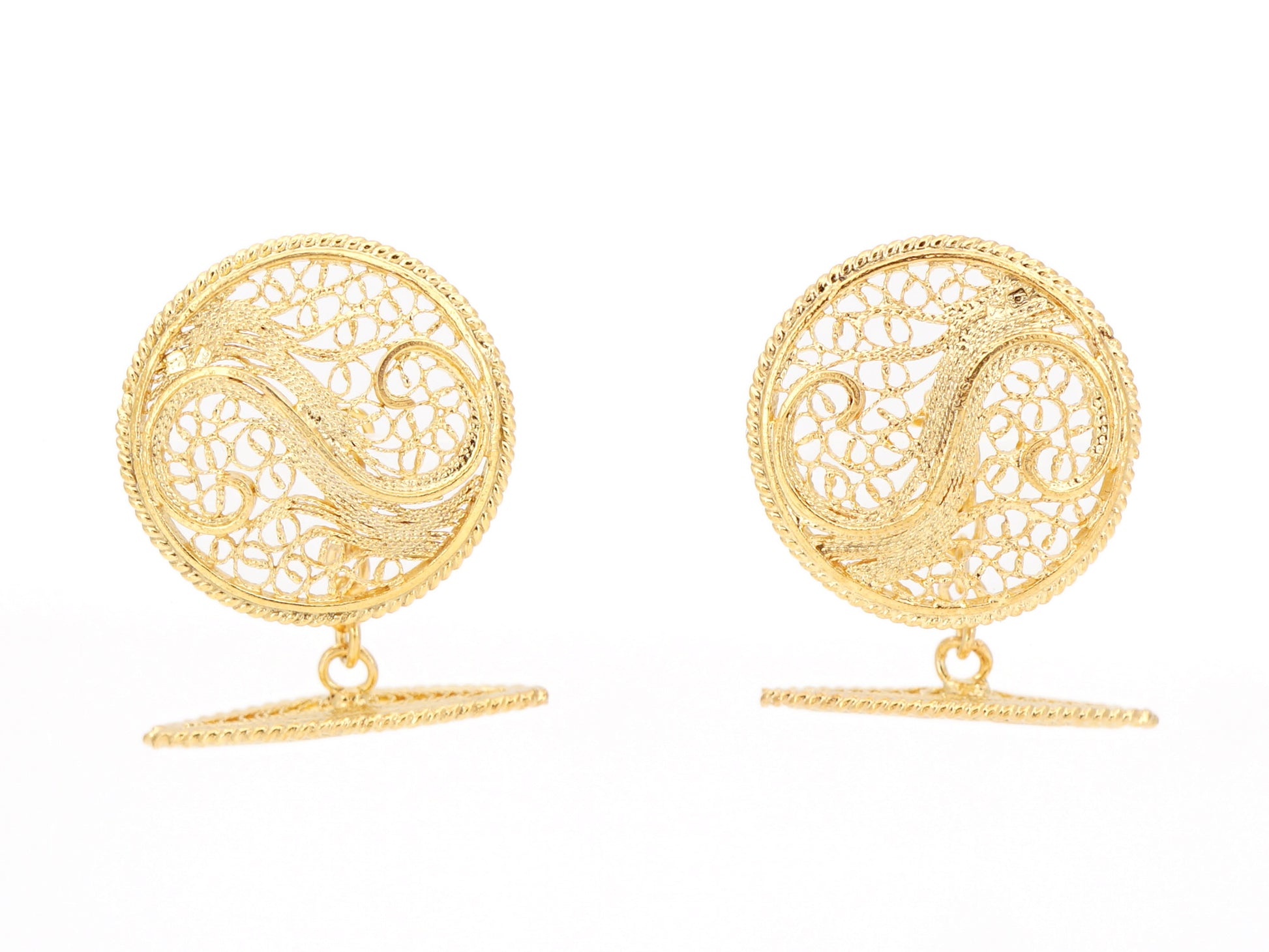 Botões de Punho Redondos com Onda, Filigrana Portuguesa, Prata de Lei 925 Dourada - Vista de Frente