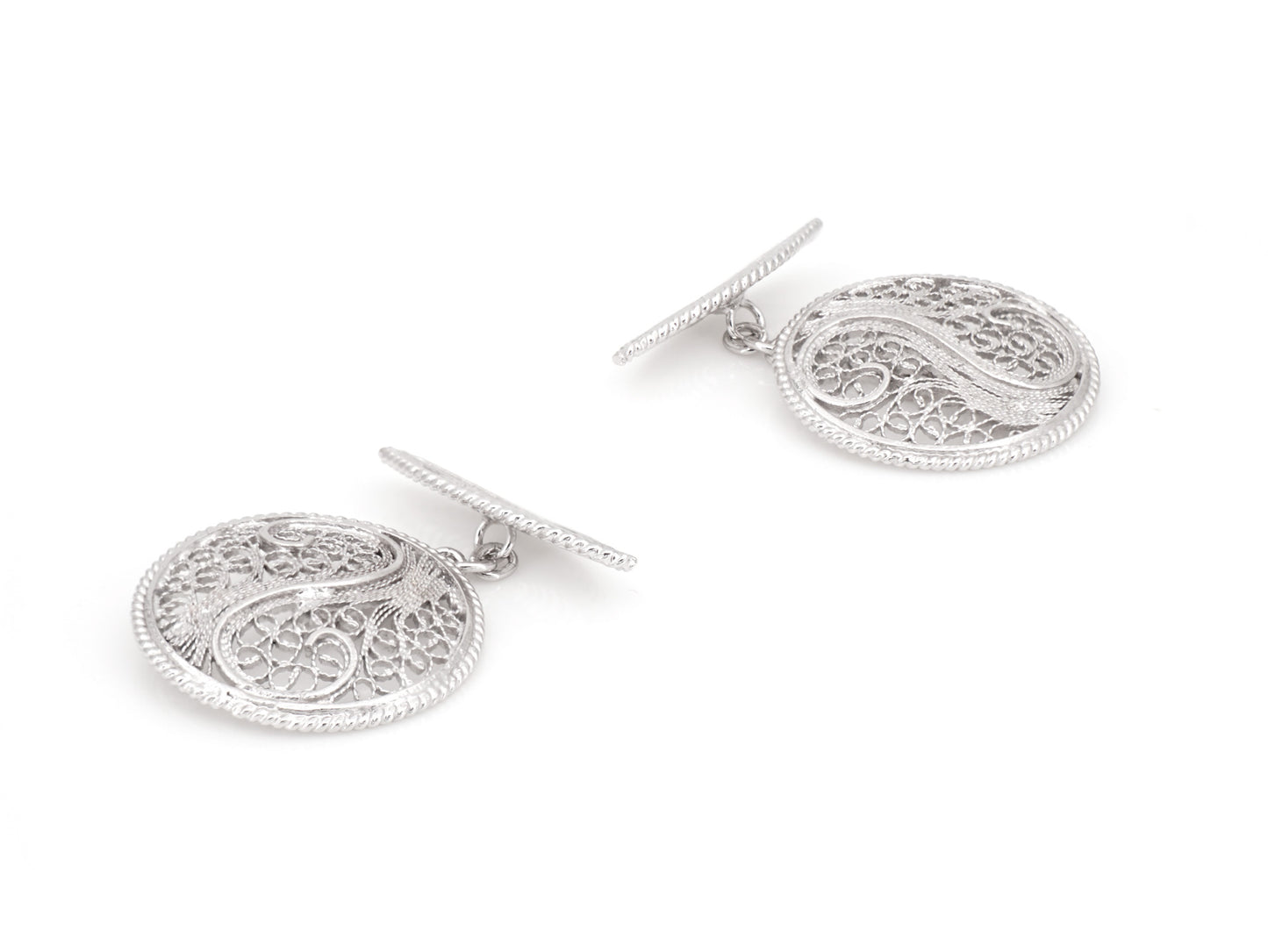 Botões de Punho Redondos com Onda, Filigrana Portuguesa, Prata de Lei 925 - Perspectiva