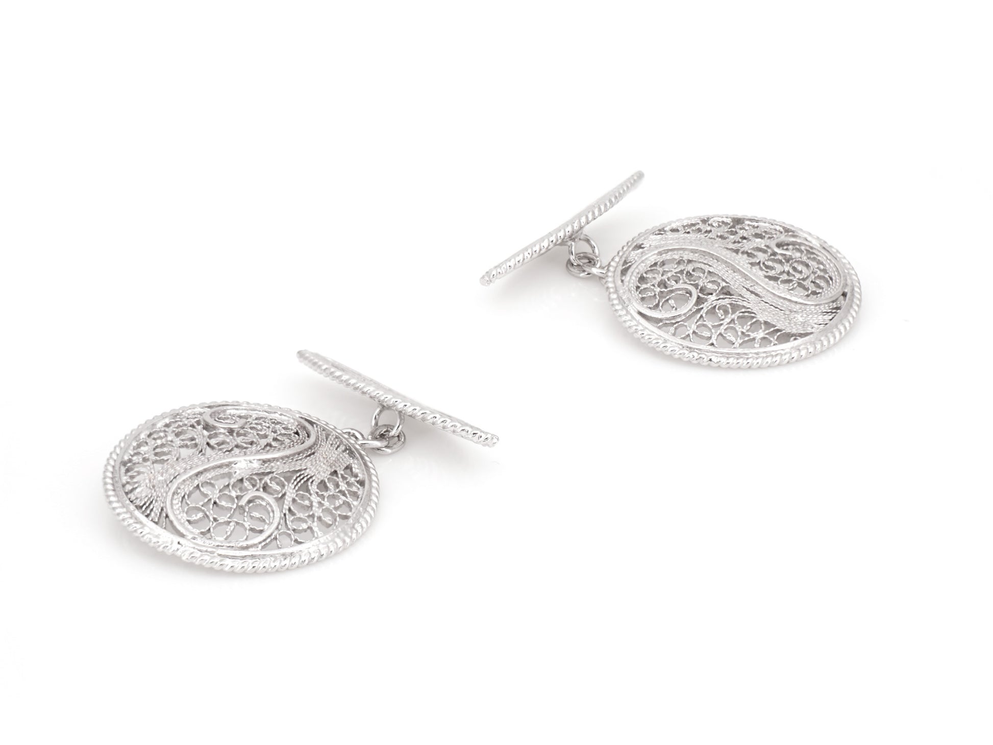 Botões de Punho Redondos com Onda, Filigrana Portuguesa, Prata de Lei 925 - Perspectiva