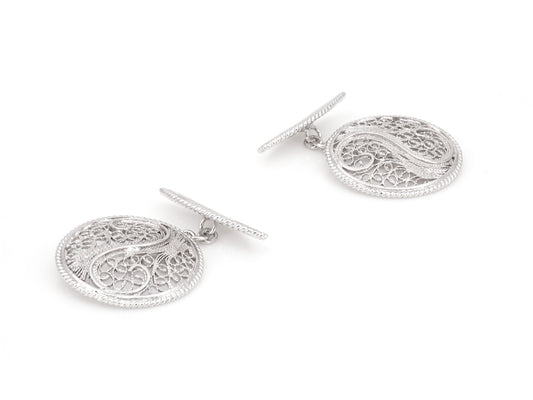 Botões de Punho Redondos com Onda, Filigrana Portuguesa, Prata de Lei 925 - Perspectiva