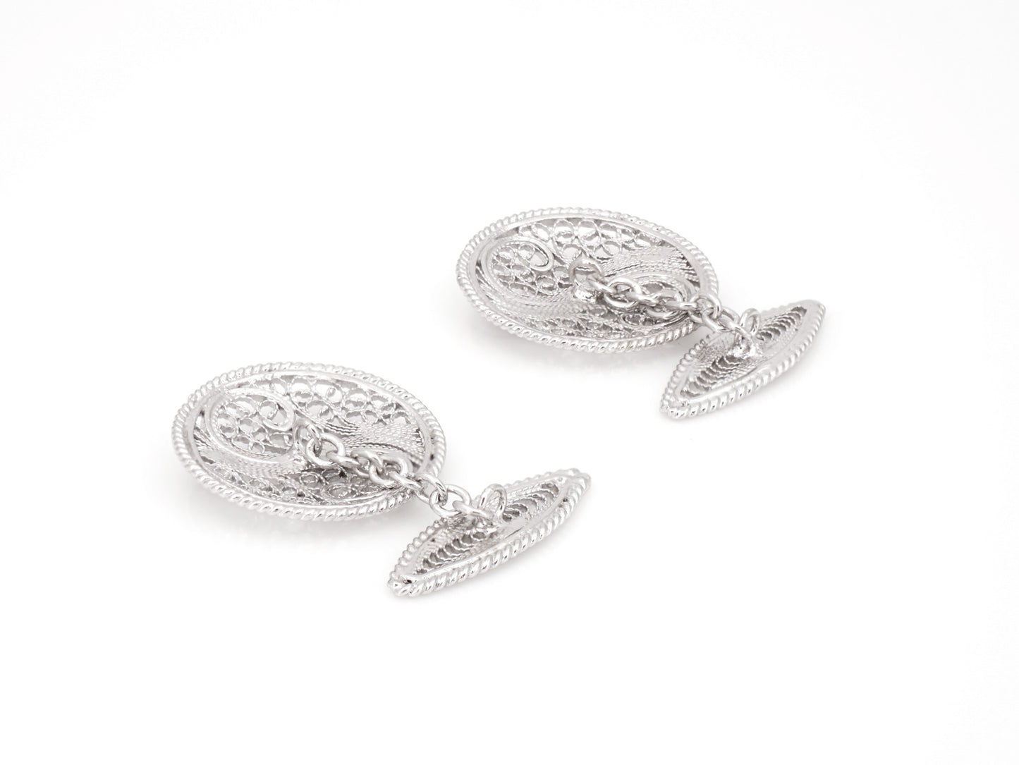 Botões de Punho Redondos com Onda, Filigrana Portuguesa, Prata de Lei 925 - Perspectiva, Vista de Trás