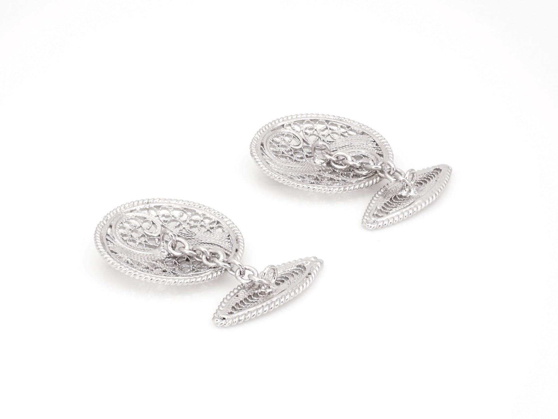 Botões de Punho Redondos com Onda, Filigrana Portuguesa, Prata de Lei 925 - Perspectiva, Vista de Trás