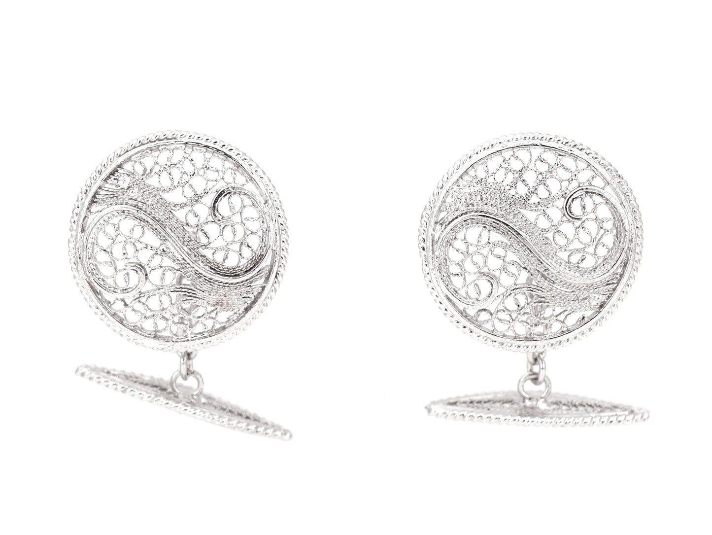 Botões de Punho Redondos com Onda, Filigrana Portuguesa, Prata de Lei 925 - Vista de Frente
