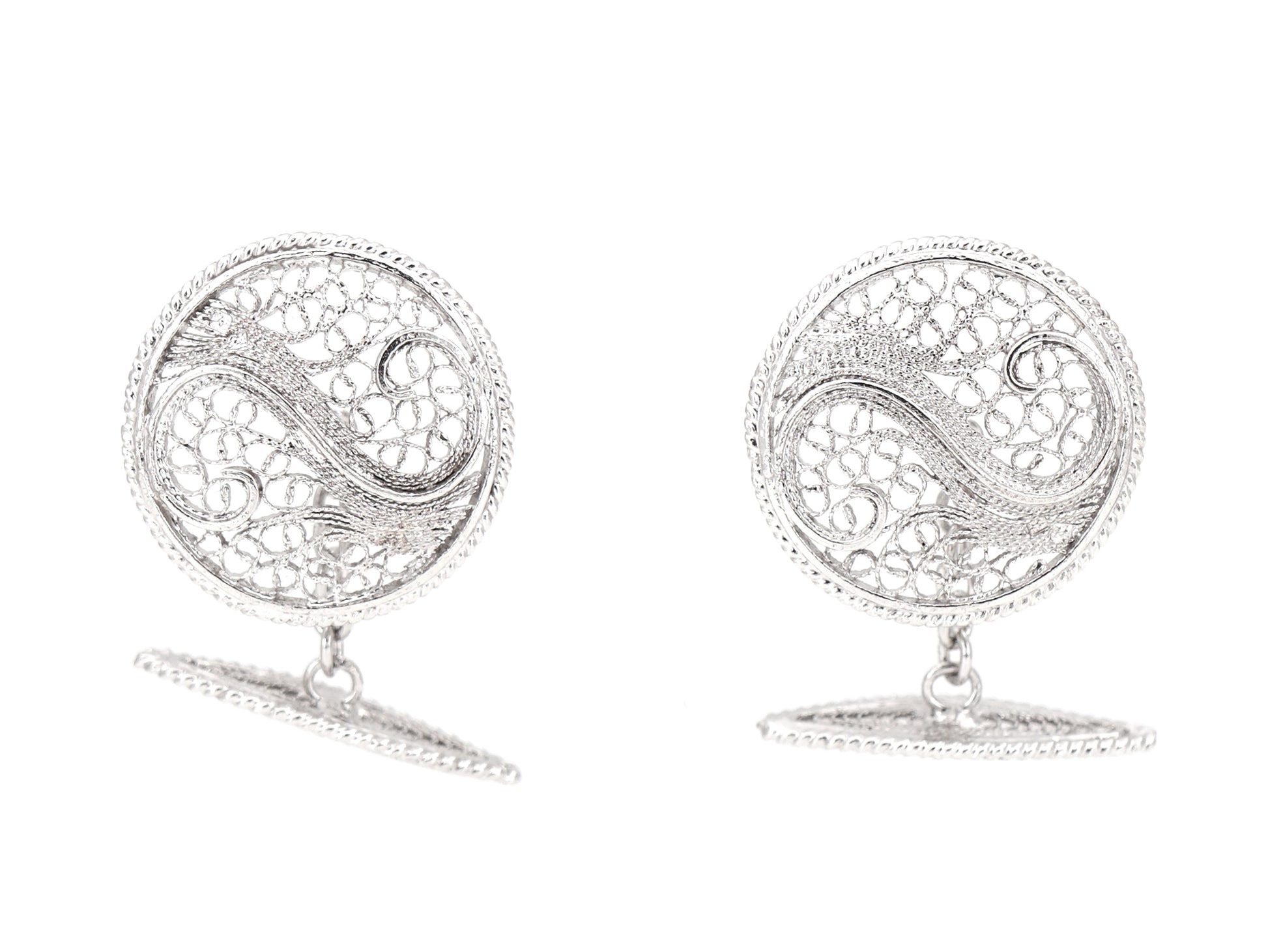 Botões de Punho Redondos com Onda, Filigrana Portuguesa, Prata de Lei 925 - Vista de Frente