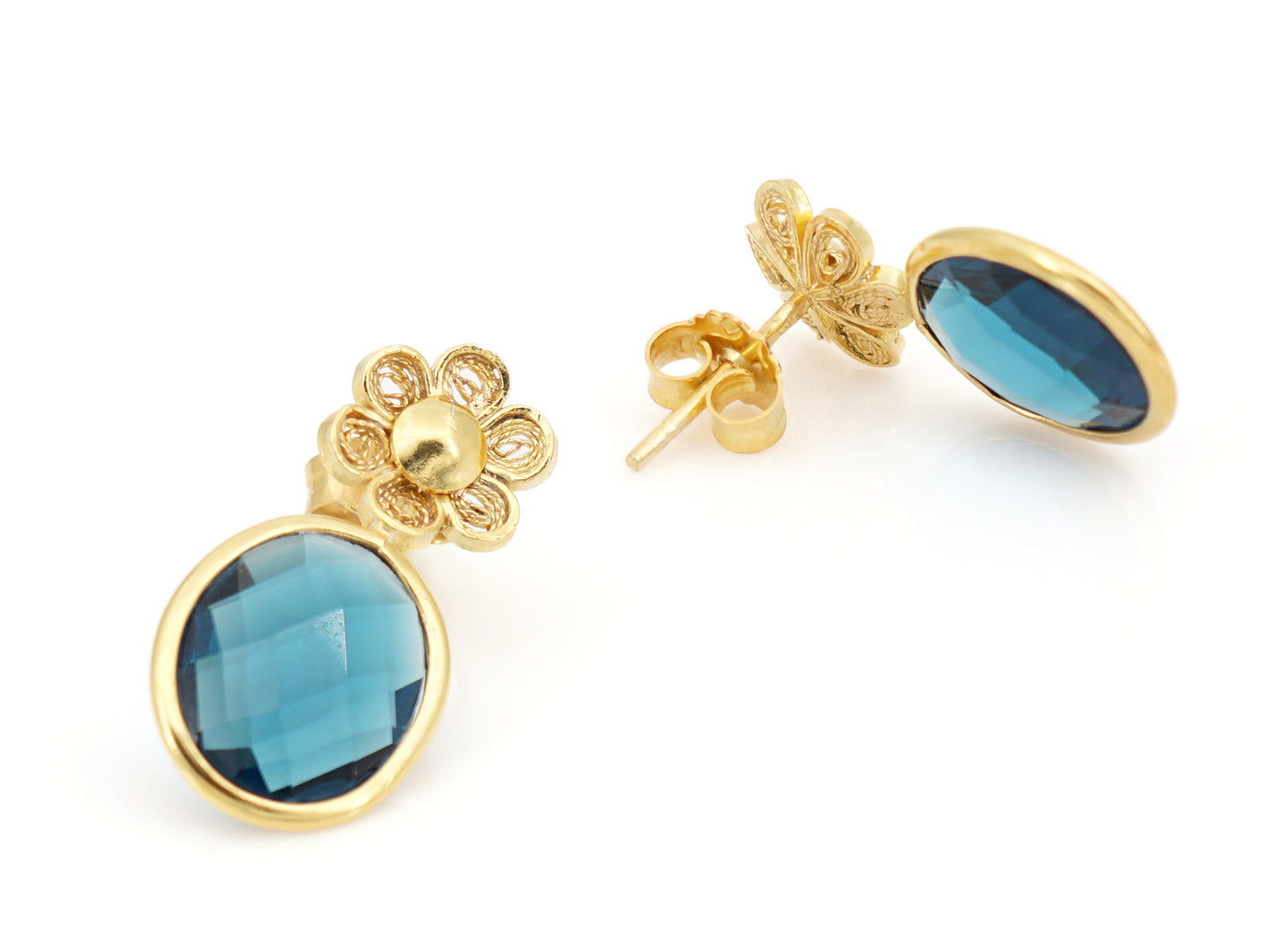 Flower and Blue Stone Earrings, Portuguese Filigree, Golden 925 Sterling Silver