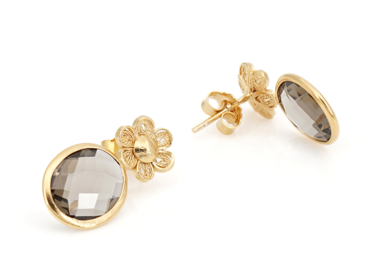 Flower and Brown Stone Earrings, Portuguese Filigree, Golden 925 Sterling Silver