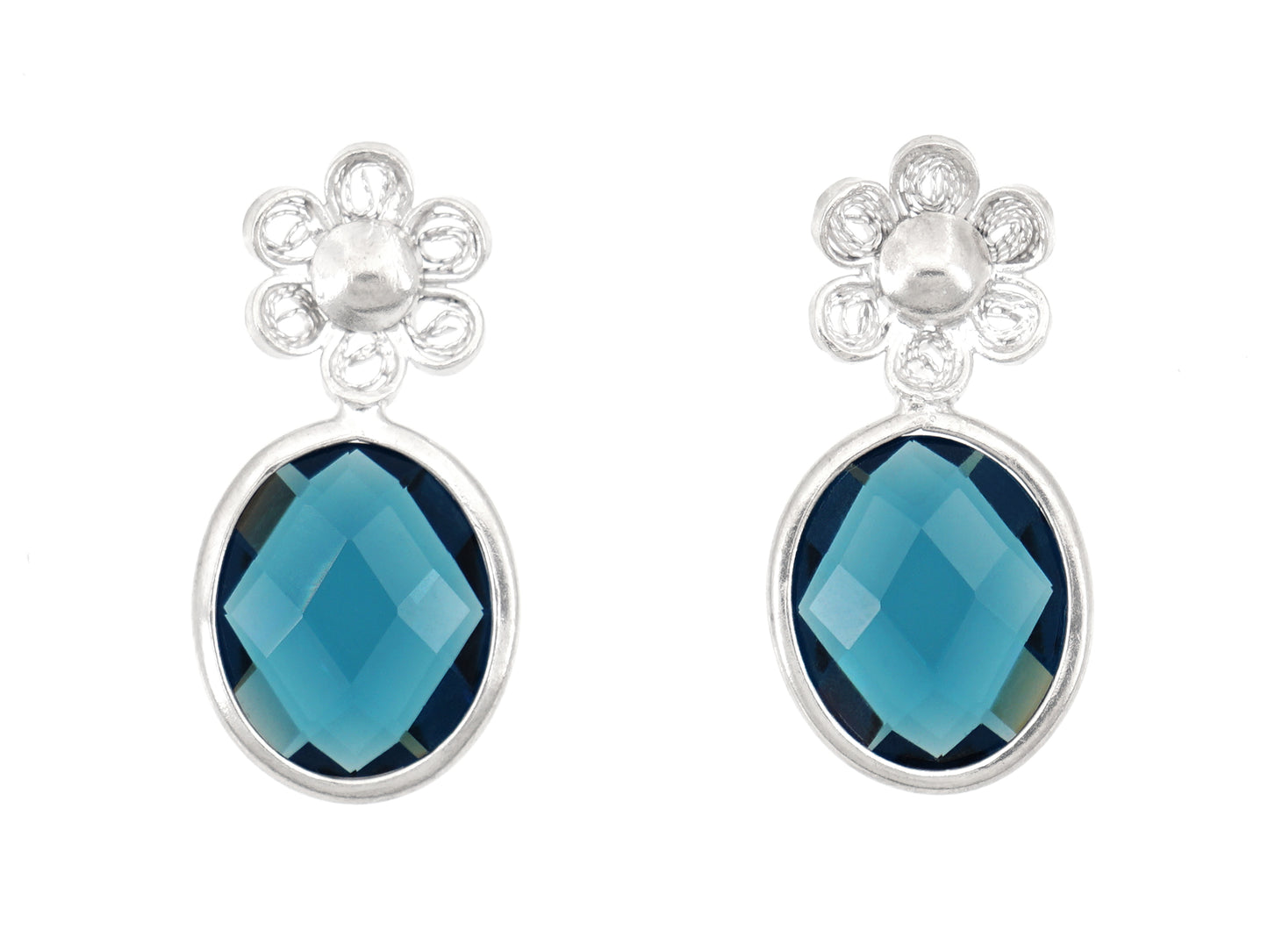Flower and Blue Stone Earrings, Portuguese Filigree, 925 Sterling Silver