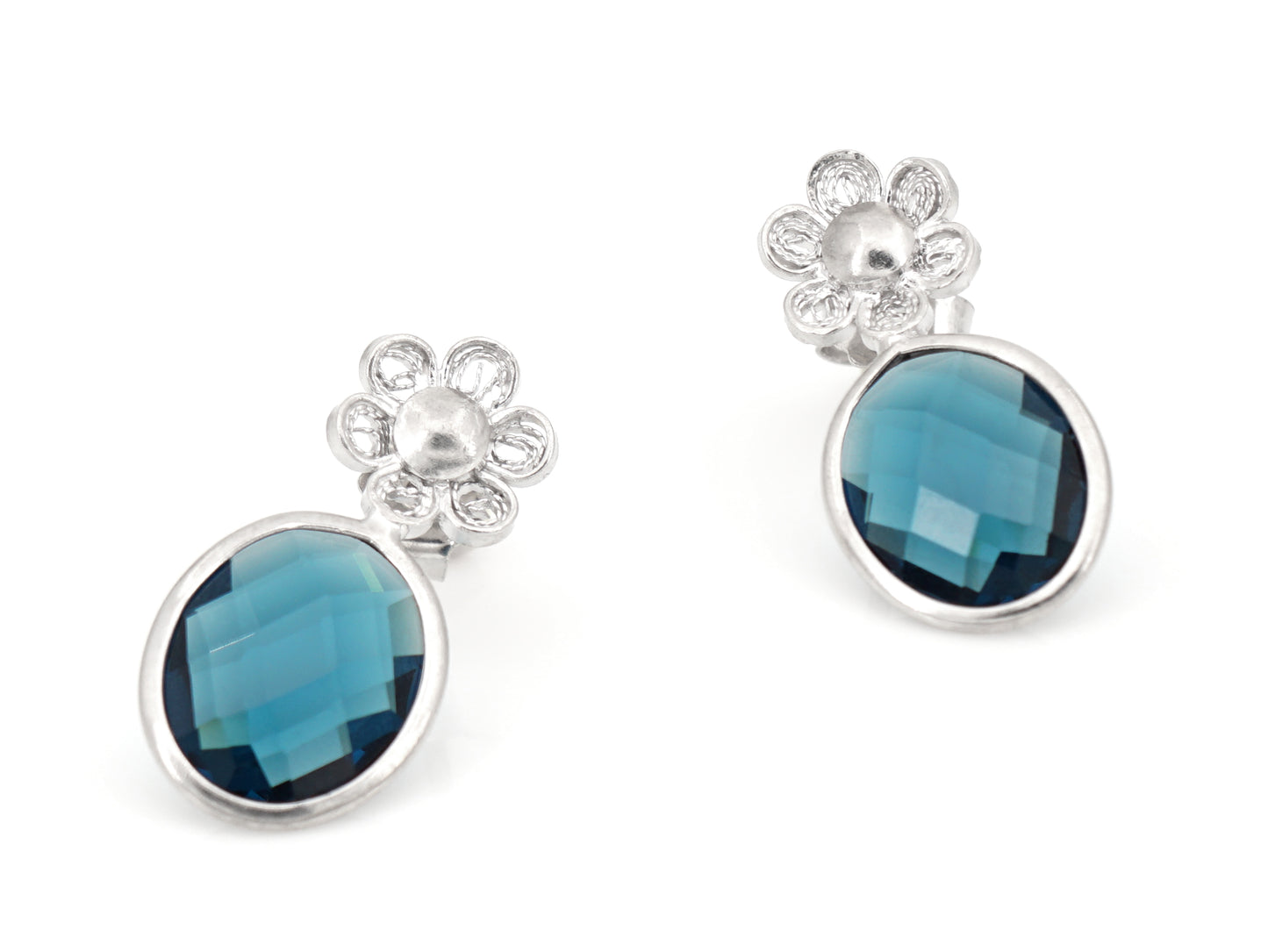 Flower and Blue Stone Earrings, Portuguese Filigree, 925 Sterling Silver
