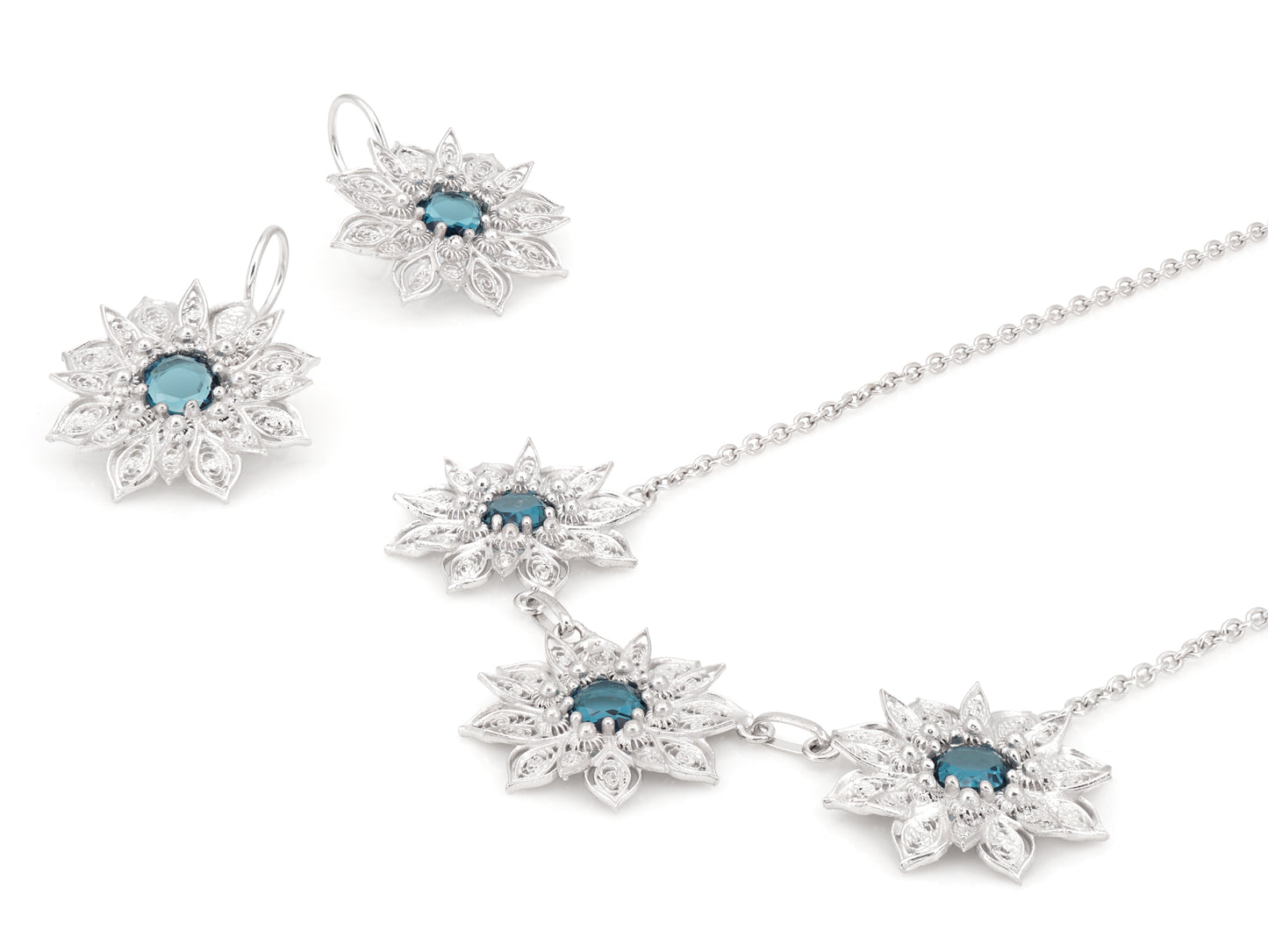 Conjunto Brincos e Colar Flor Rica com Pedras, Filigrana Portuguesa, Prata de Lei 925
