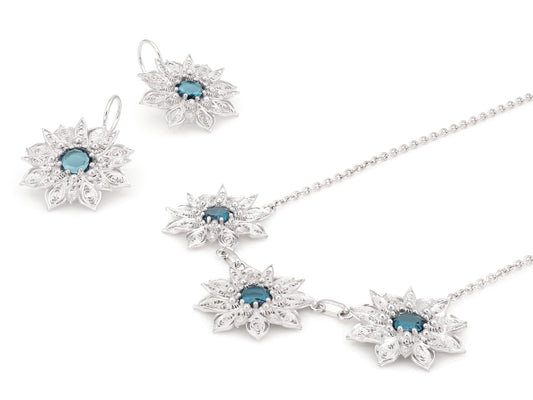 Conjunto Brincos e Colar Flor Rica com Pedras, Filigrana Portuguesa, Prata de Lei 925