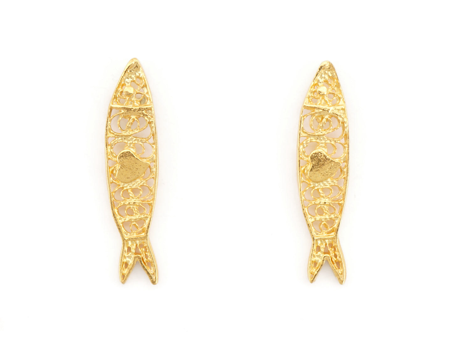 Brincos Mini Sardinha, Filigrana Portuguesa, Prata de Lei 925 Dourada - Vista de Frente