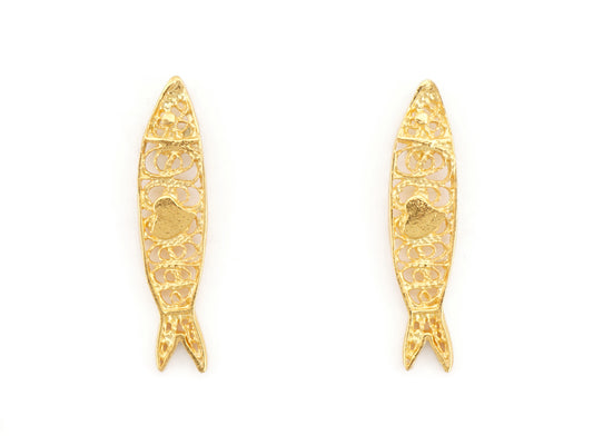 Brincos Mini Sardinha, Filigrana Portuguesa, Prata de Lei 925 Dourada - Vista de Frente