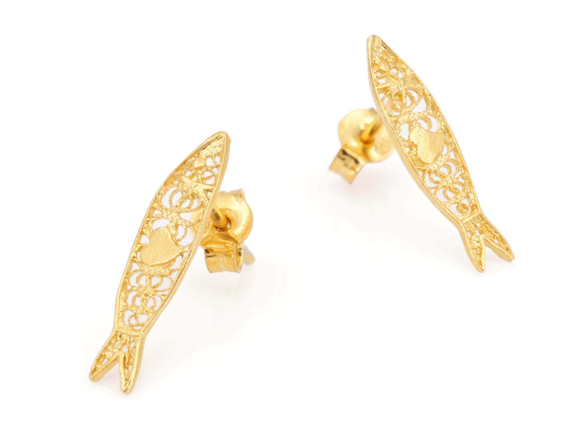 Brincos Mini Sardinha, Filigrana Portuguesa, Prata de Lei 925 Dourada - Perspectiva