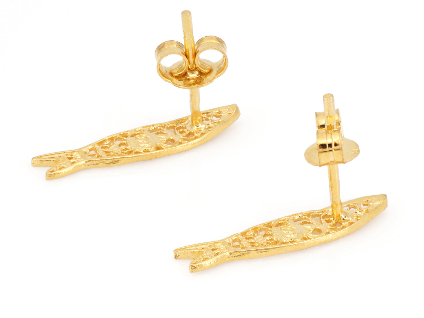 Brincos Mini Sardinha, Filigrana Portuguesa, Prata de Lei 925 Dourada - Vista de Trás