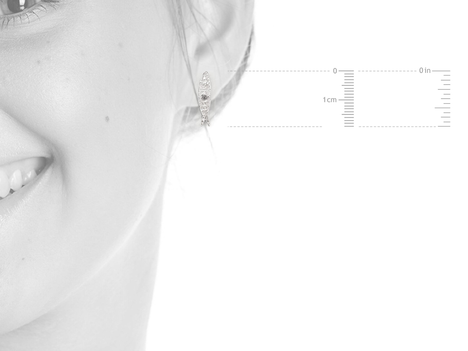 Brincos Mini Sardinha, Filigrana Portuguesa, Prata de Lei 925 - Medidas