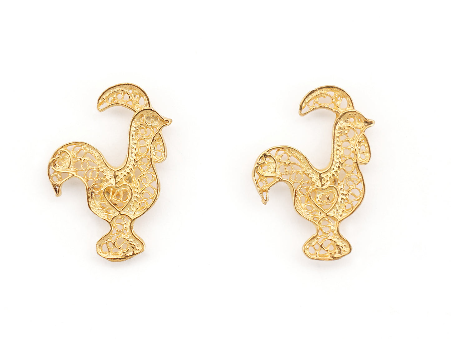 Brincos Mini Galo de Barcelos, Filigrana Portuguesa, Prata de Lei 925 Dourada - Vista de Frente