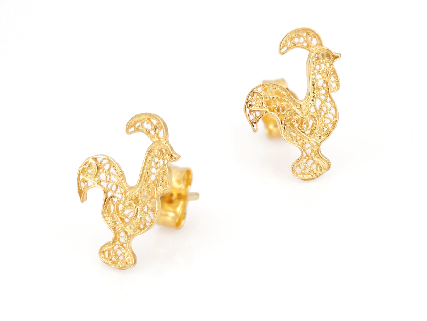 Brincos Mini Galo de Barcelos, Filigrana Portuguesa, Prata de Lei 925 Dourada - Perspectiva