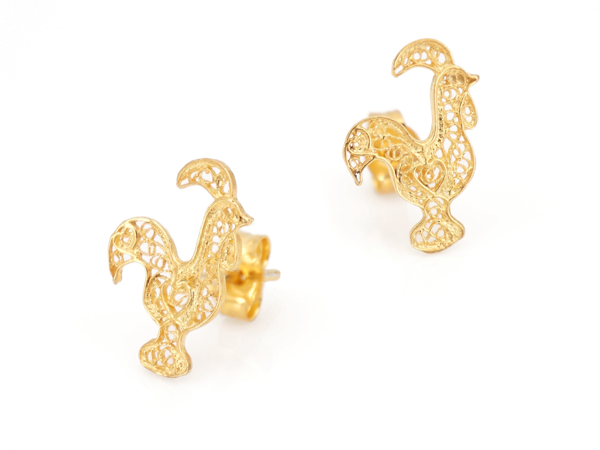 Brincos Mini Galo de Barcelos, Filigrana Portuguesa, Prata de Lei 925 Dourada - Perspectiva