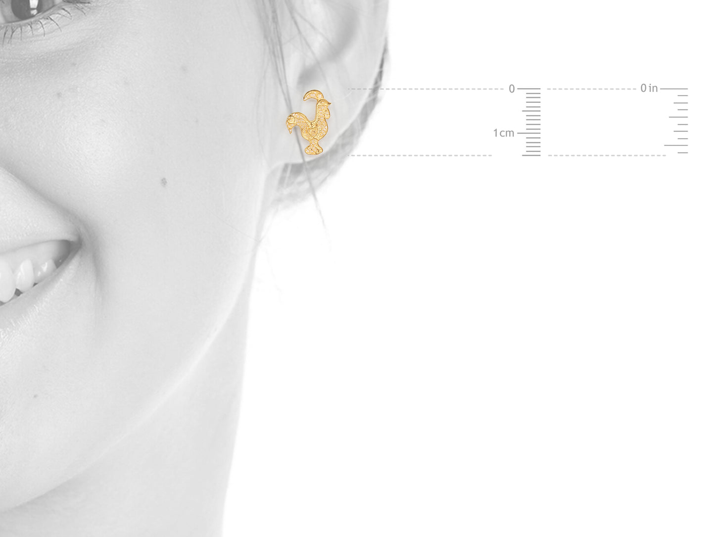 Brincos Mini Galo de Barcelos, Filigrana Portuguesa, Prata de Lei 925 Dourada - Medidas