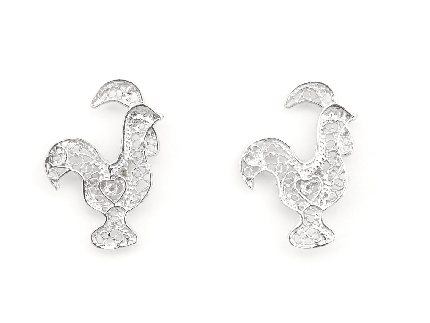 Brincos Mini Galo de Barcelos, Filigrana Portuguesa, Prata de Lei 925 - Vista de Frente