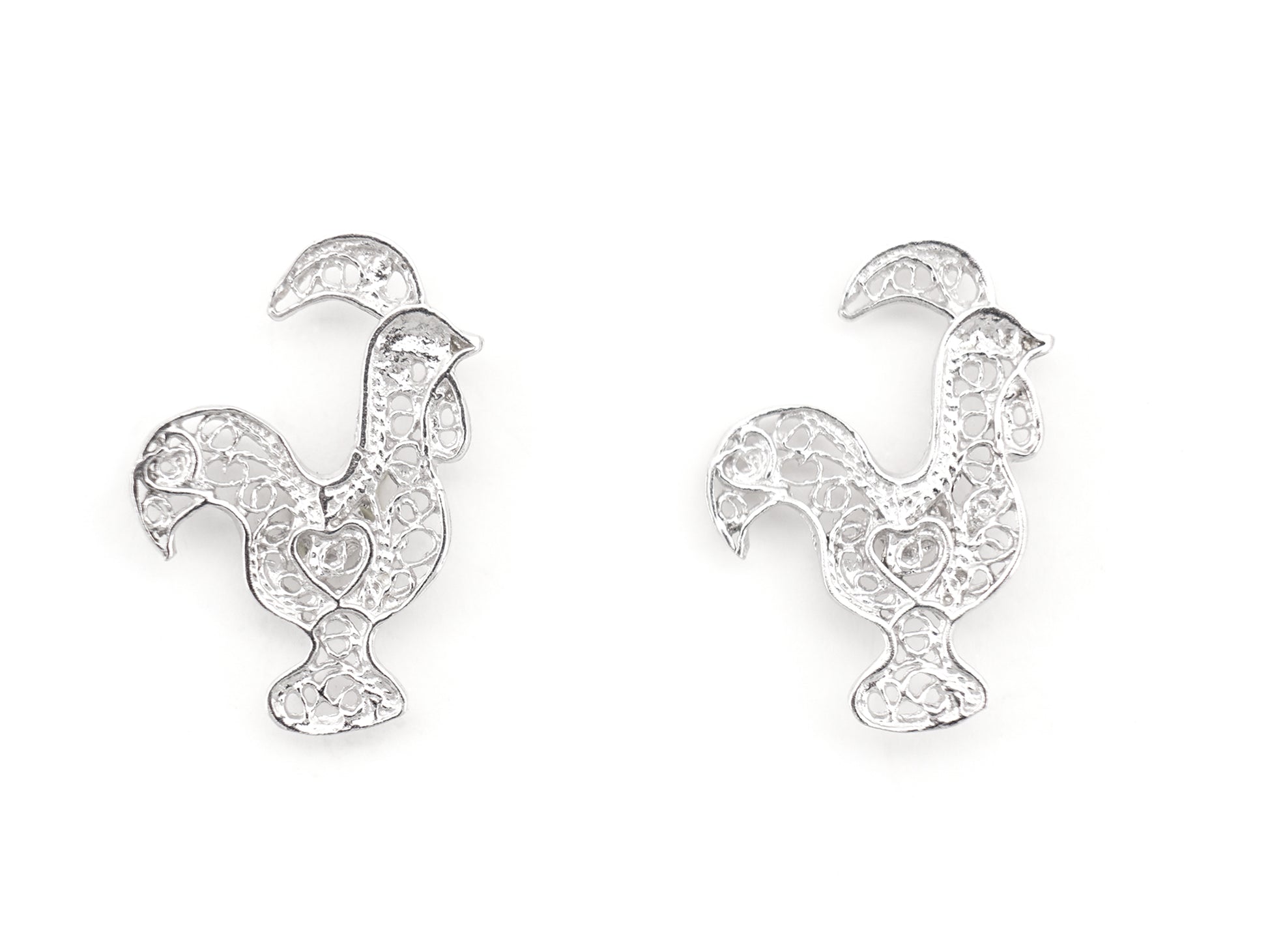 Brincos Mini Galo de Barcelos, Filigrana Portuguesa, Prata de Lei 925 - Vista de Frente