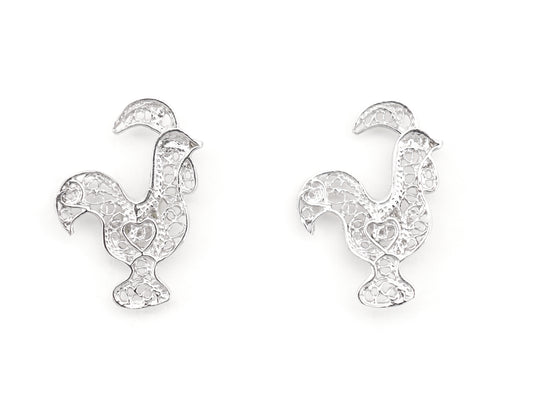 Brincos Mini Galo de Barcelos, Filigrana Portuguesa, Prata de Lei 925 - Vista de Frente