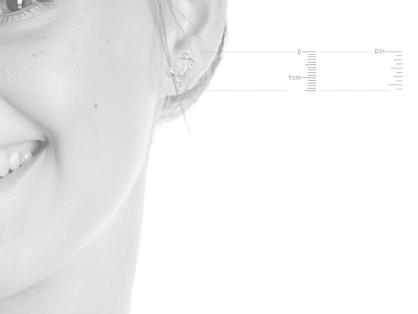 Brincos Mini Galo de Barcelos, Filigrana Portuguesa, Prata de Lei 925 - Medidas