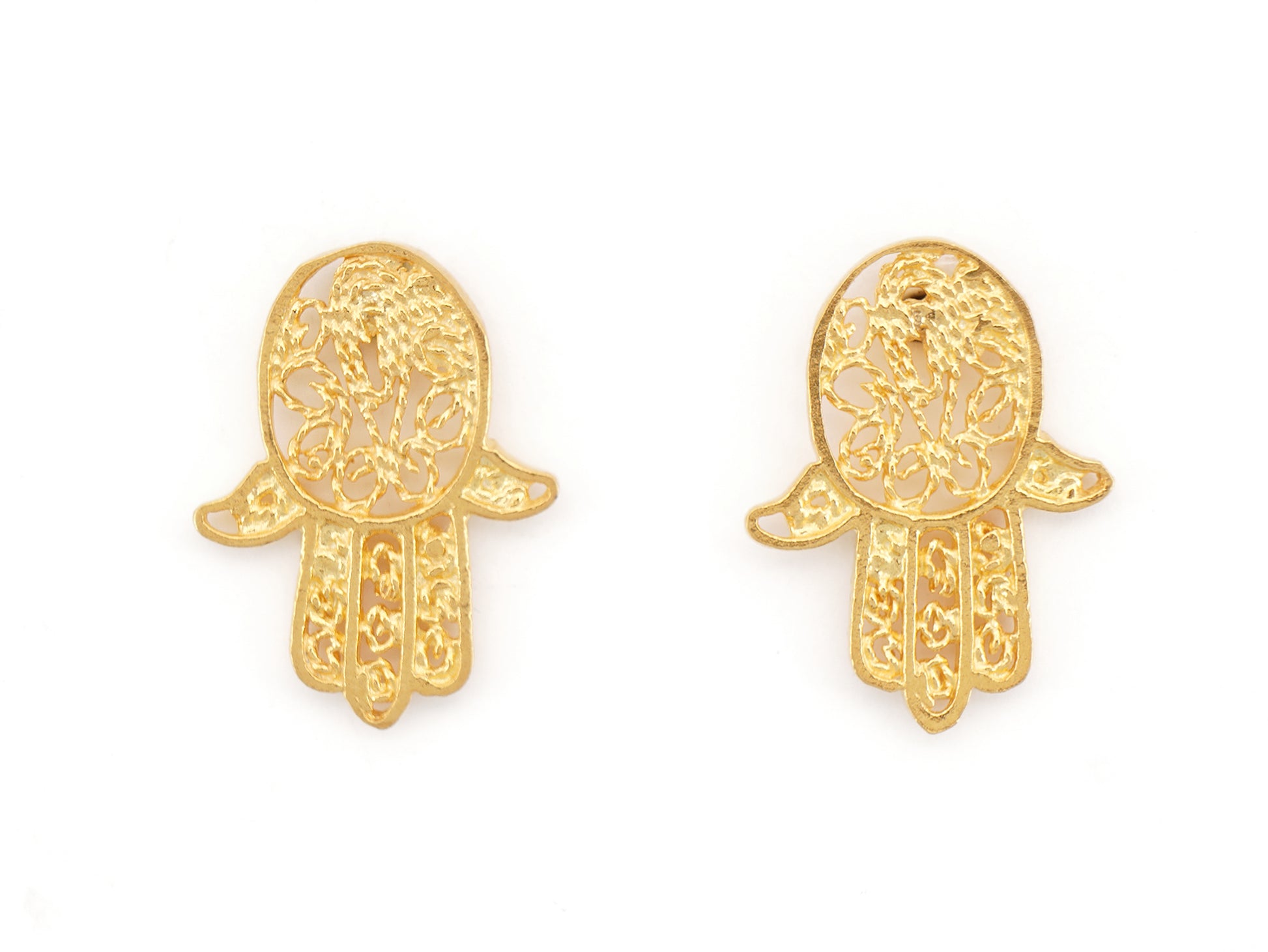 Brincos Mini Mão de Fátima, Filigrana Portuguesa, Prata de Lei 925 Dourada - Vista de Frente