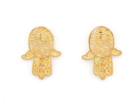 Brincos Mini Mão de Fátima, Filigrana Portuguesa, Prata de Lei 925 Dourada - Vista de Frente